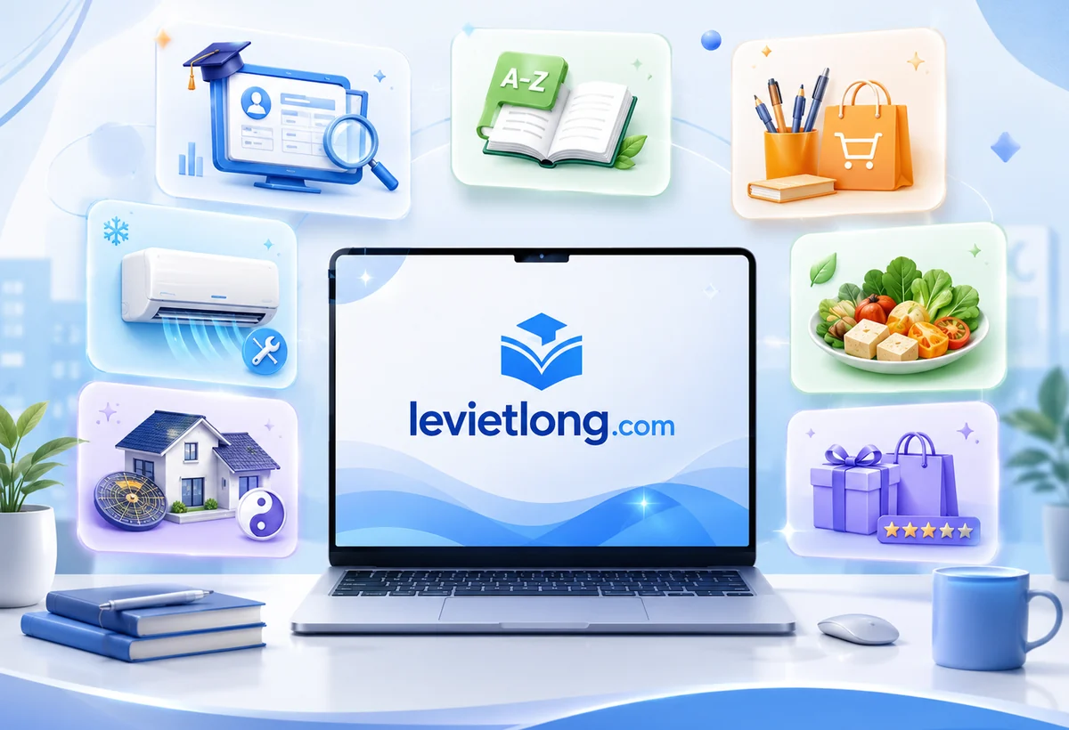 Không gian làm việc với laptop, sách, cây xanh và biểu tượng levietlong.com